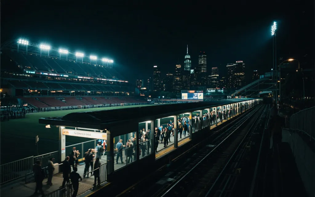 夜晚球场外人群与城市轻轨线路的观赛通勤氛围图