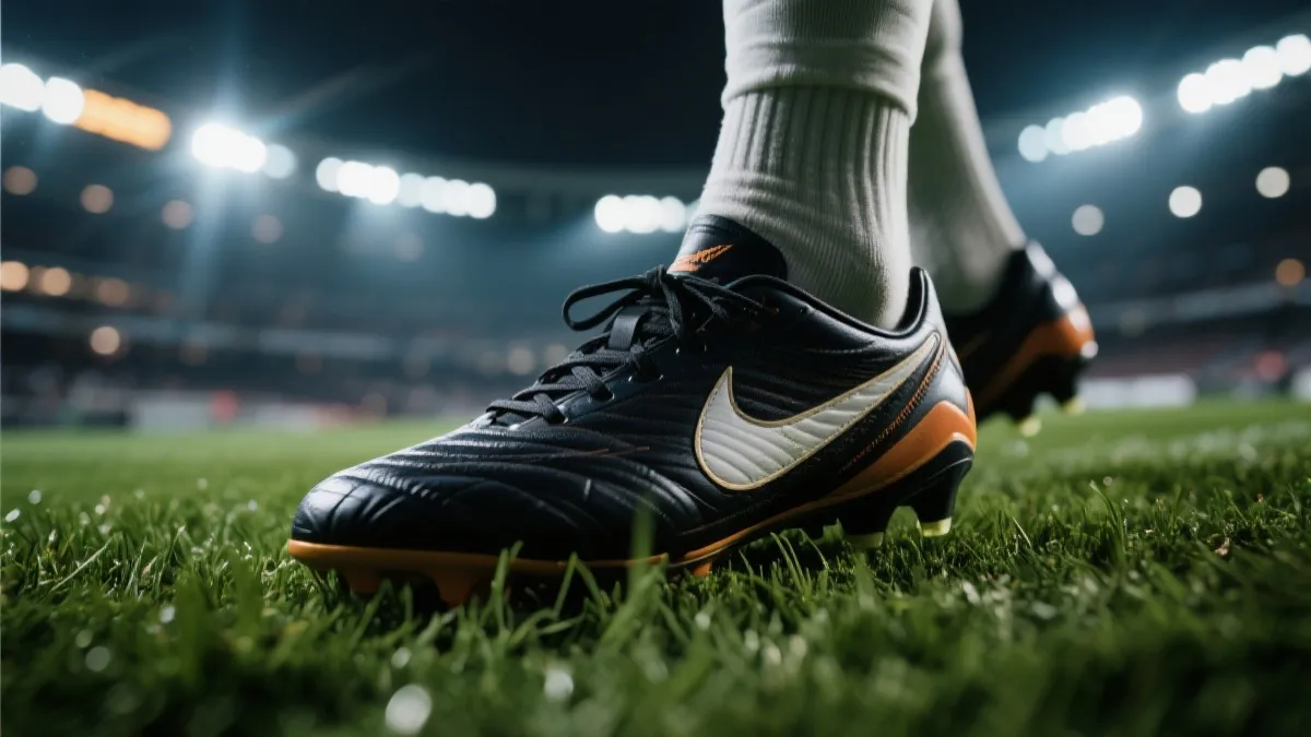 夜间顶灯下的足球草皮细节：球员鞋钉、草叶纹理、速度感